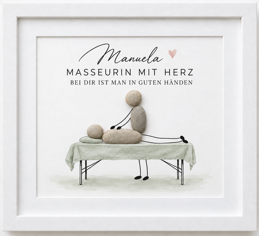 Kieselsteinbild Masseurin mit Herz auf Massageliege – personalisiertes Geschenk, handgemachtes Steinbild