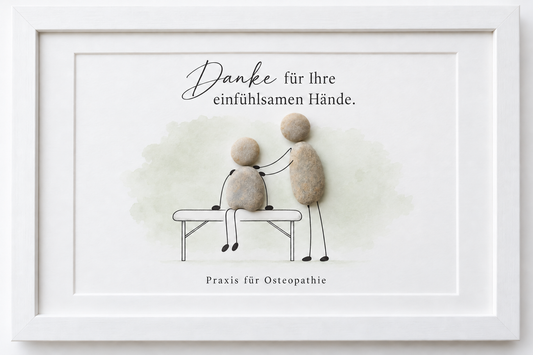 Kieselsteinbild Danke für Ihre einfühlsamen Hände Praxis für Osteopathie zwei Figuren – Geschenk für Osteopathiepraxen, handgemachtes Steinbild