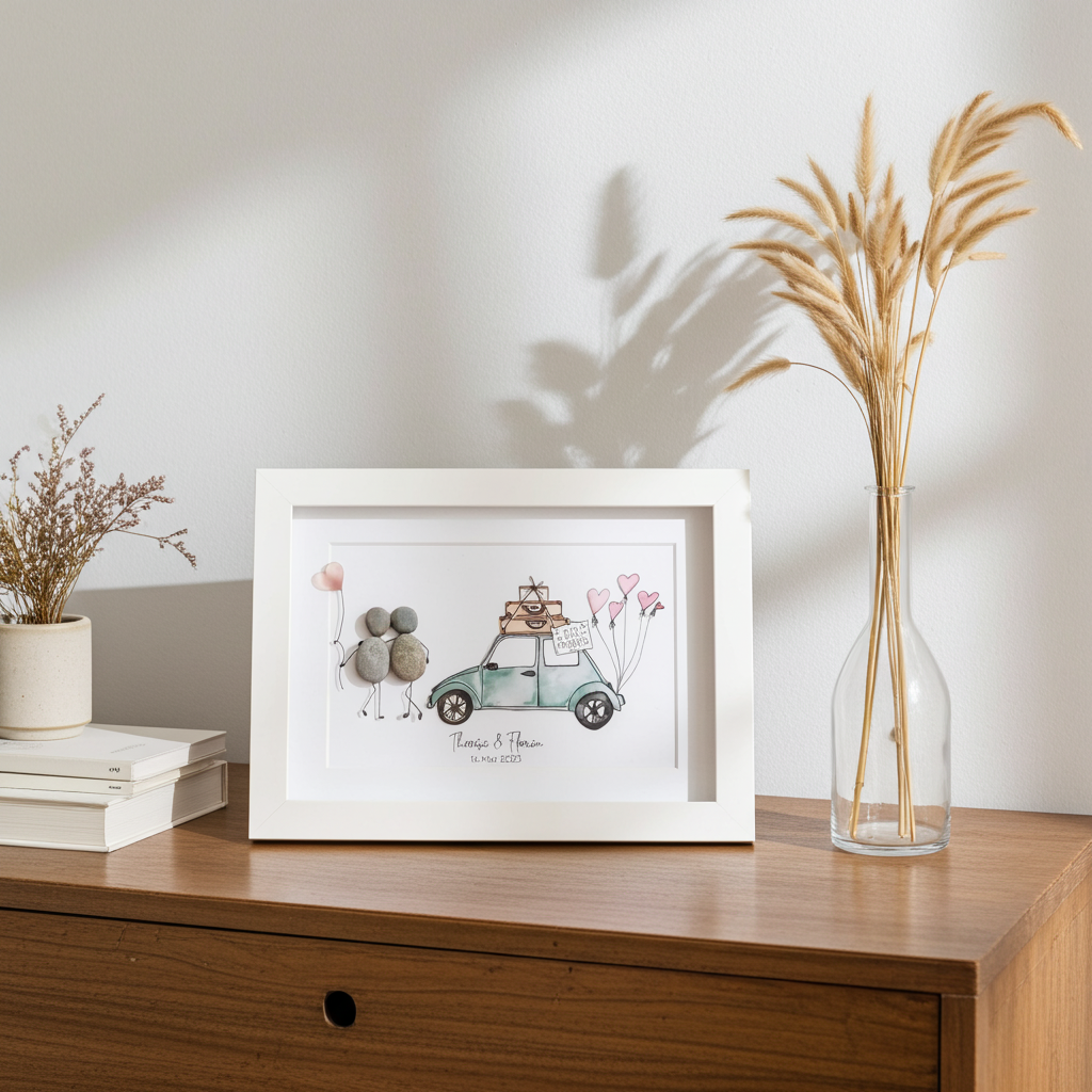 Handgefertigtes Steinbild zur Hochzeit als romantische Wanddekoration im Wohnraum