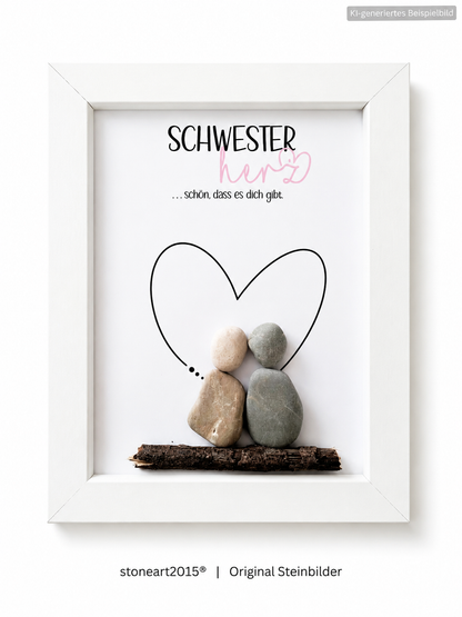 Kieselsteinbild Schwesterherz – Geschenk für die Schwester, handgemachtes Steinbild