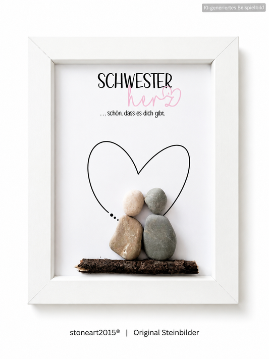 Kieselsteinbild Schwesterherz – Geschenk für die Schwester, handgemachtes Steinbild