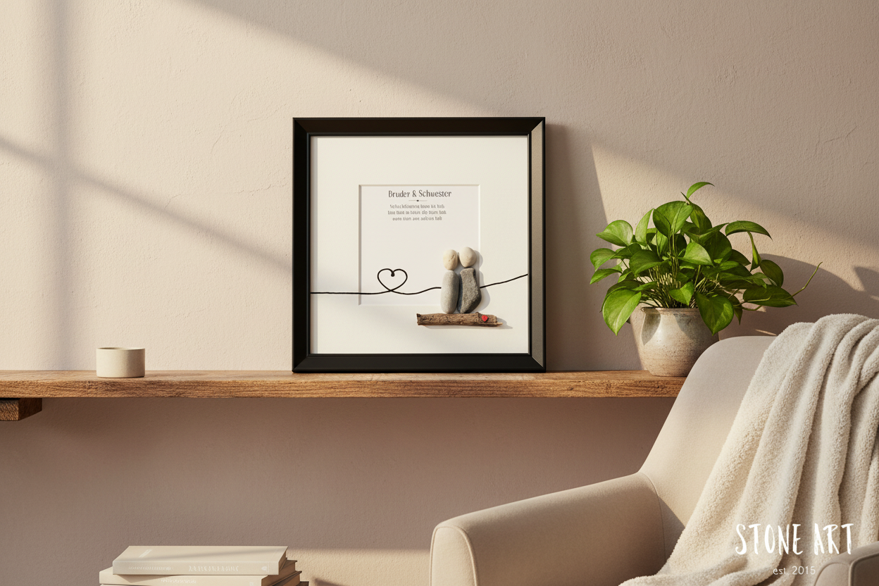 Steinbild Bruder Schwester gerahmt im Wohnzimmer – handgemachtes Geschwister-Geschenk