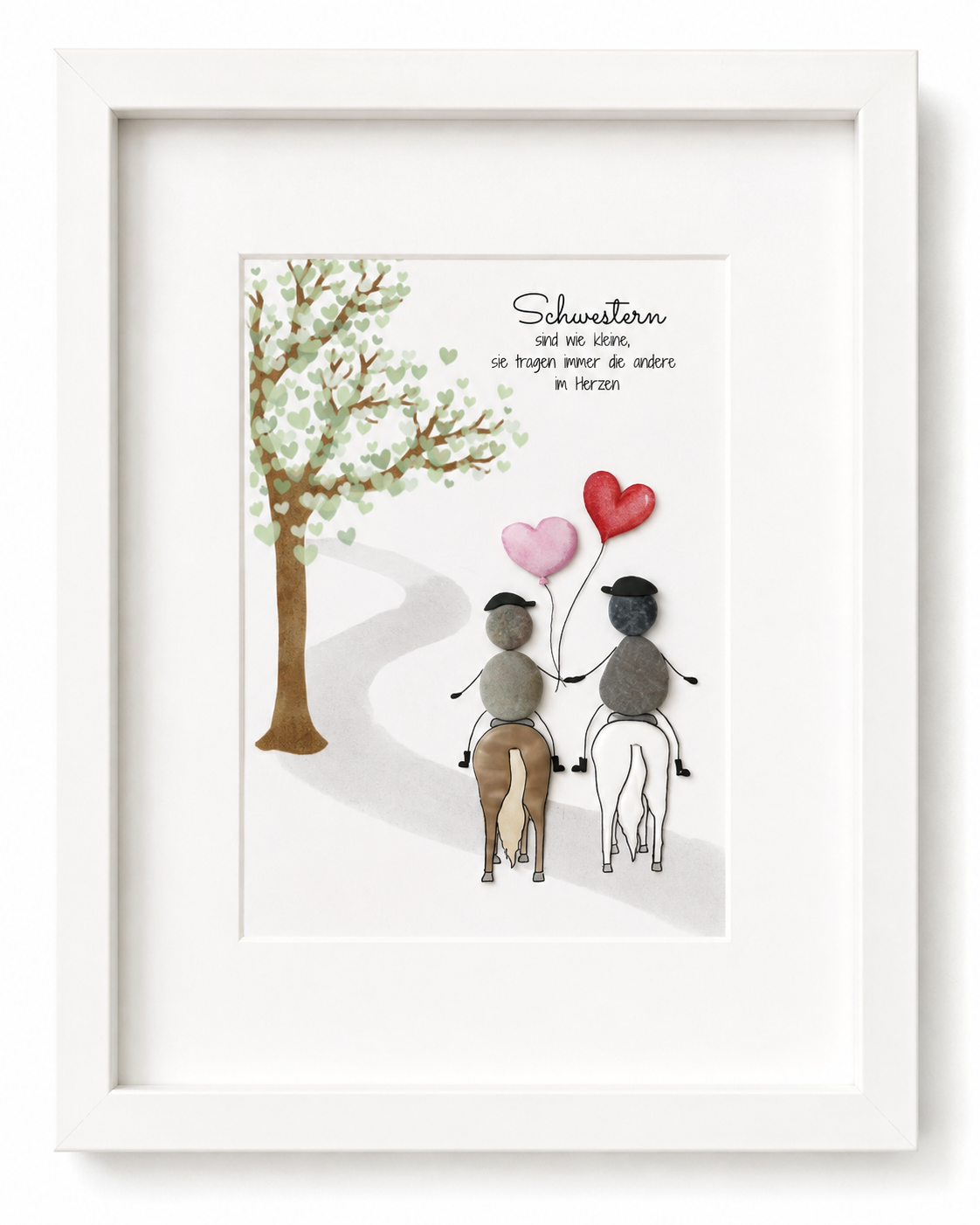 Kieselsteinbild Schwestern auf Pferden – Geschenk für Schwestern, handgemachtes Steinbild