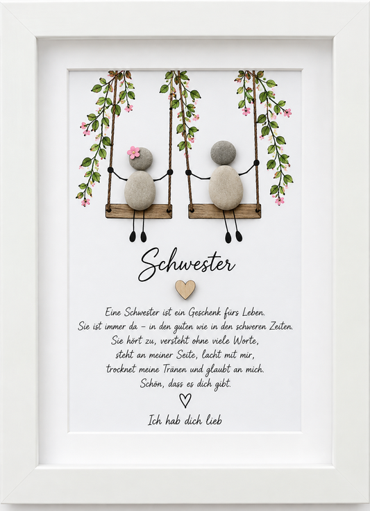 Kieselsteinbild Schwester – Geschenk für die Schwester, handgemachtes Steinbild