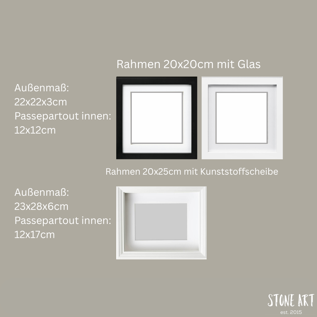 Übersicht der verfügbaren Bilderrahmen für das Steinbild in verschiedenen Farben und Größen.