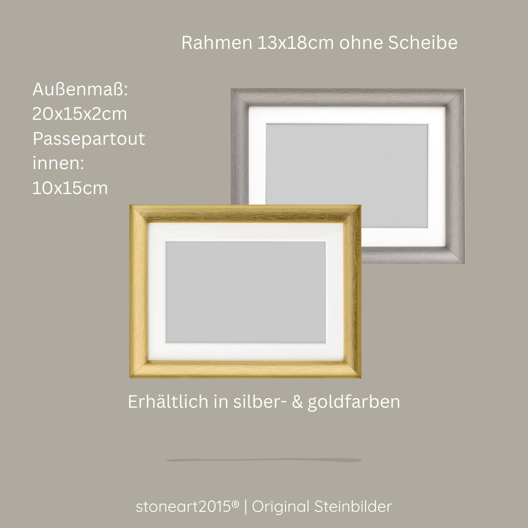 Handgemachtes Steinbild mit Naturkiesel als Pusteblumenstängel, Samen fliegen als kleine rosa Herzchen davon, Text: Deine Flügel waren bereit zu fliegen doch unsere Herzen blieben zurück, weißer Rahmen, zartes Trauermotiv