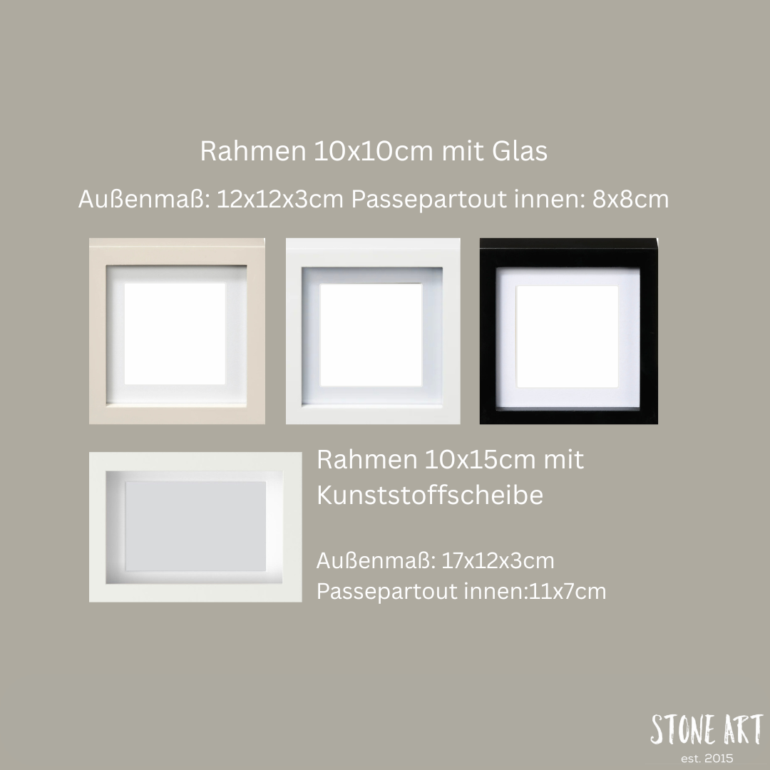 Übersicht der verfügbaren Bilderrahmen für das Steinbild in verschiedenen Farben und Größen.