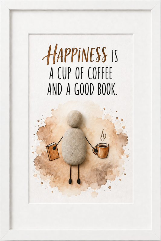 Kieselsteinbild Happiness is a cup of coffee and a good book – Geschenk für Kaffeeliebhaber, handgemachtes Steinbild