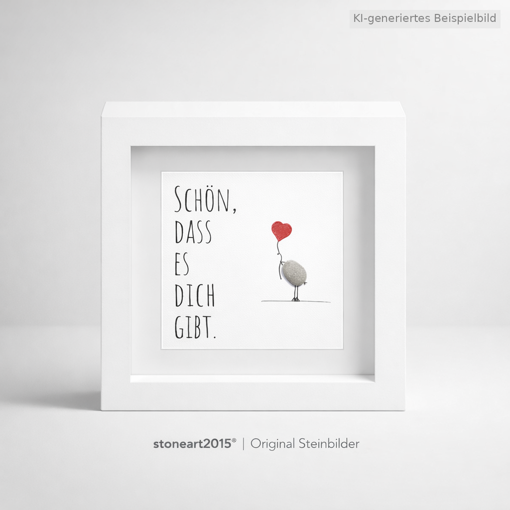 Kieselsteinbild Schön dass es dich gibt – Vögelchen mit Herzballon, handgemachtes Steinbild