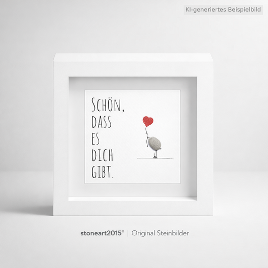 Kieselsteinbild Schön dass es dich gibt – Vögelchen mit Herzballon, handgemachtes Steinbild