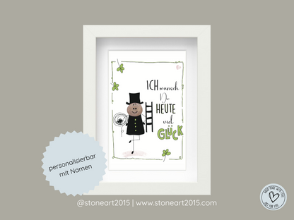 Handgemachtes Steinbild mit Kaminkehrer-Motiv und dem Spruch „Viel Glück“ – klassischer Glücksbringer zum Neujahr, zur Prüfung oder für einen Neubeginn.