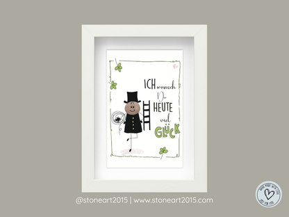 Handgemachtes Steinbild mit Kaminkehrer-Motiv und dem Spruch „Viel Glück“ – klassischer Glücksbringer zum Neujahr, zur Prüfung oder für einen Neubeginn.