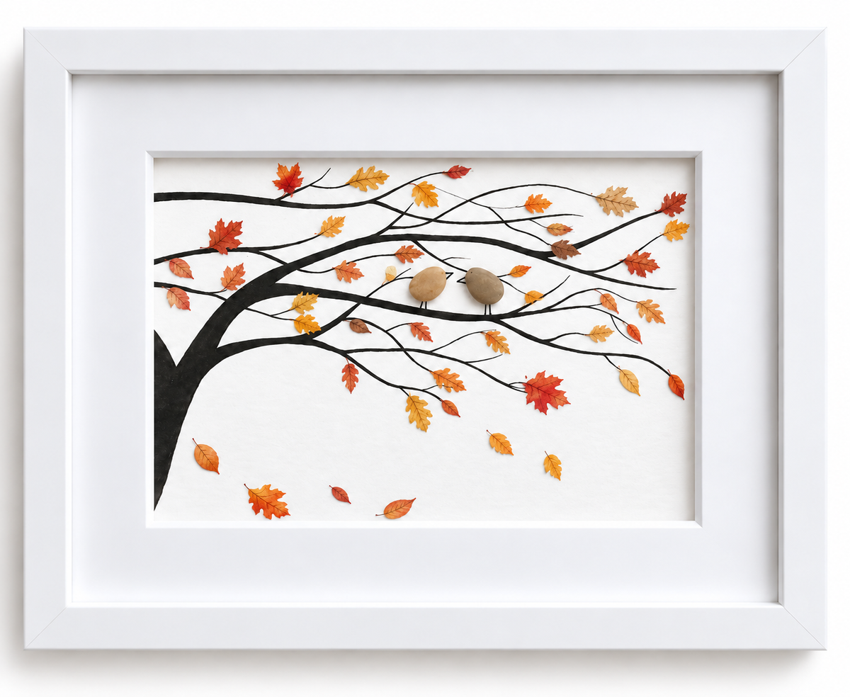 Kieselsteinbild Vogelpaar im Herbstbaum – Geschenk für Vogelliebhaber, handgemachtes Steinbild