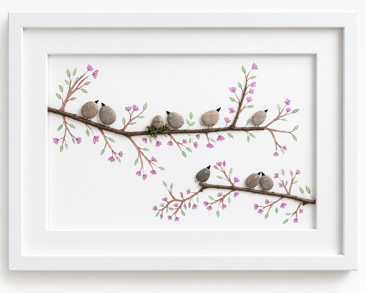 Kieselsteinbild Vogelfamilie am Frühlingszweig – Geschenk für Vogelliebhaber, handgemachtes Steinbild