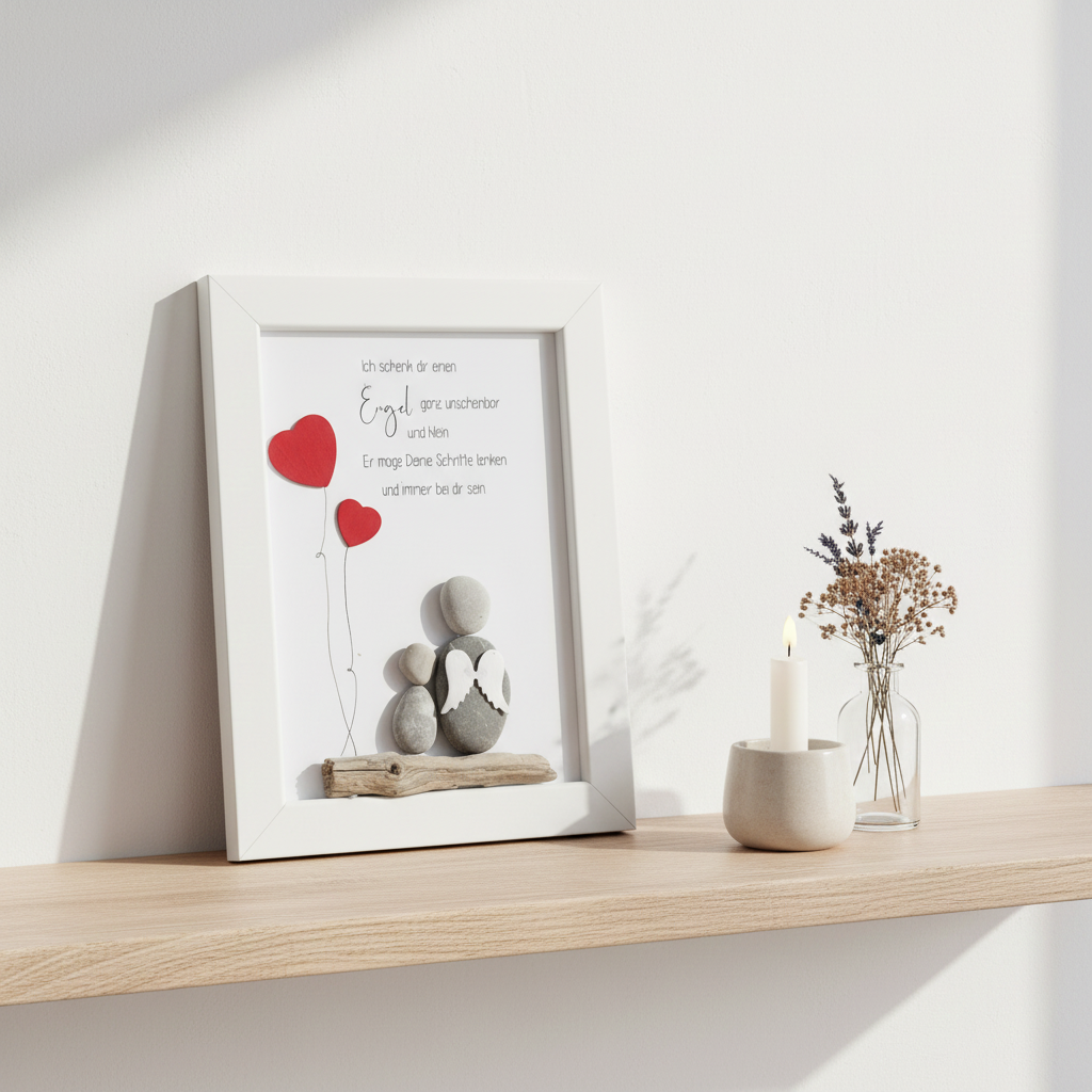 Steinbild Schutzengel gerahmt im Kinderzimmer – handgemachtes Taufgeschenk personalisiert