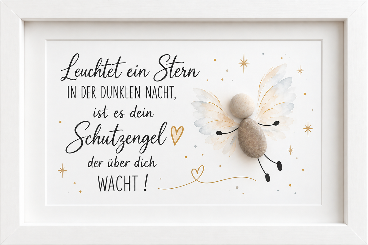 Kieselsteinbild Steinfigur mit Engelsflügeln vor Sternenhimmel „Leuchtet ein Stern in der dunklen Nacht, ist es dein Schutzengel, der über dich wacht!“ – Schutzengel-Geschenk, handgemachtes Steinbild
