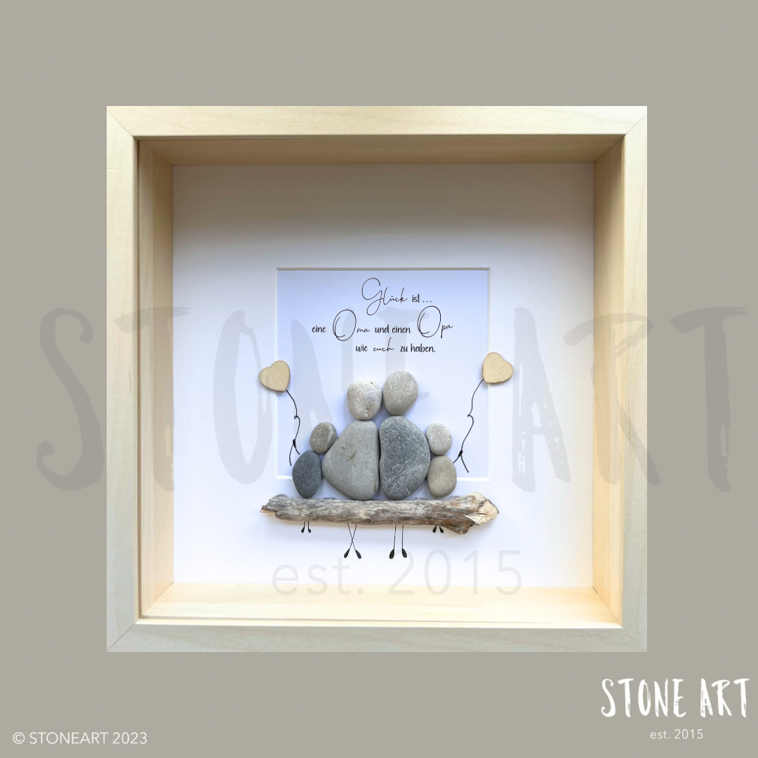 Handgemachtes Steinbild mit dem Spruch „Glück ist, eine Oma und einen Opa wie euch zu haben“ – Geschenk für Großeltern