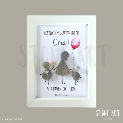 Handgemachtes Steinbild mit dem Spruch „Herzlichen Glückwunsch, Oma“ – liebevolles Geschenk für Großmütter zum Geburtstag oder einfach so.