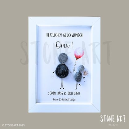 Handgemachtes Steinbild mit dem Spruch „Herzlichen Glückwunsch, Oma“ – liebevolles Geschenk für Großmütter zum Geburtstag oder einfach so.