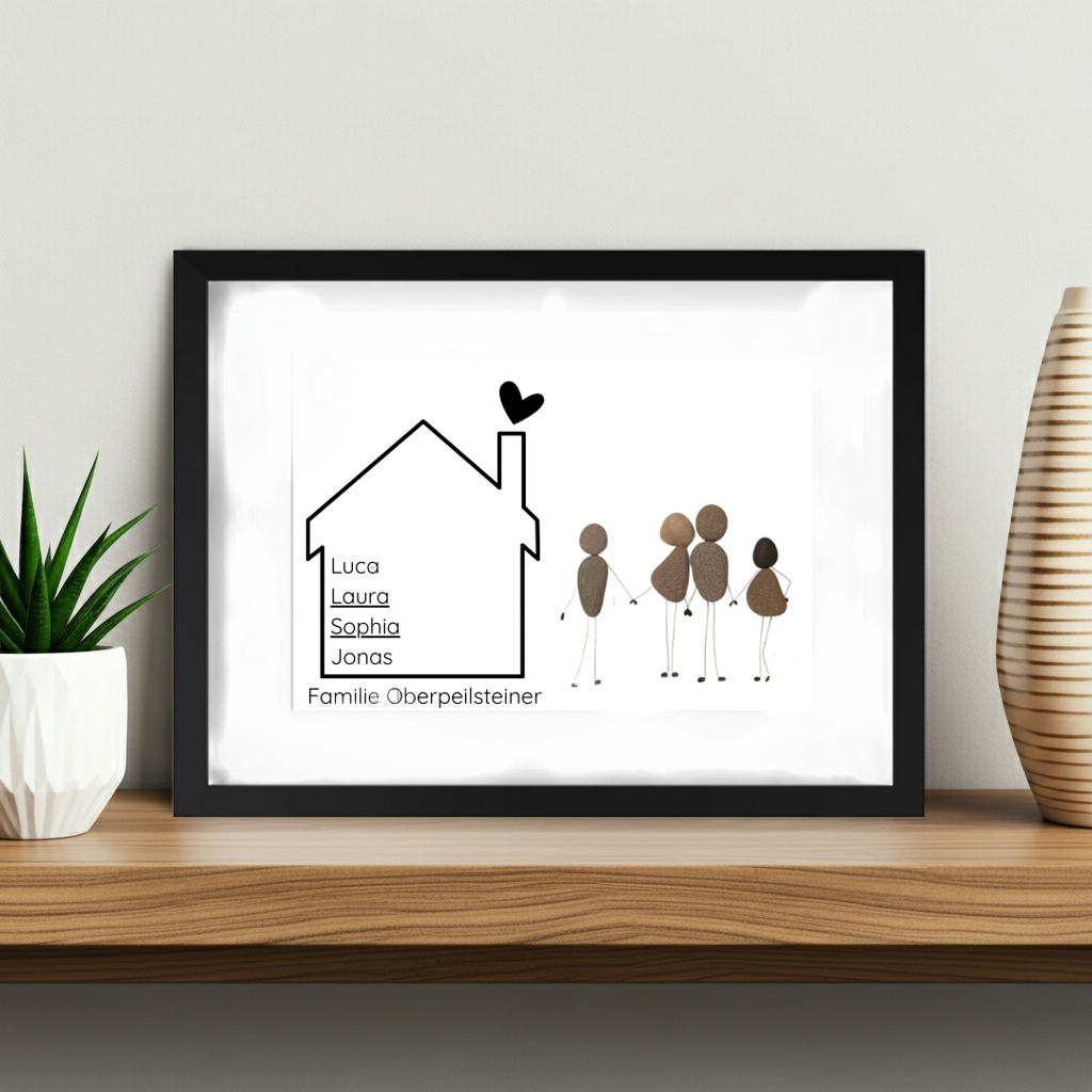 Handgefertigtes Familien-Steinbild aus Natursteinen mit Haus und Herz, personalisiert mit Namen, minimalistische Wanddeko für Zuhause