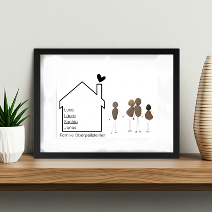 Handgefertigtes Familien-Steinbild aus Natursteinen mit Haus und Herz, personalisiert mit Namen, minimalistische Wanddeko für Zuhause