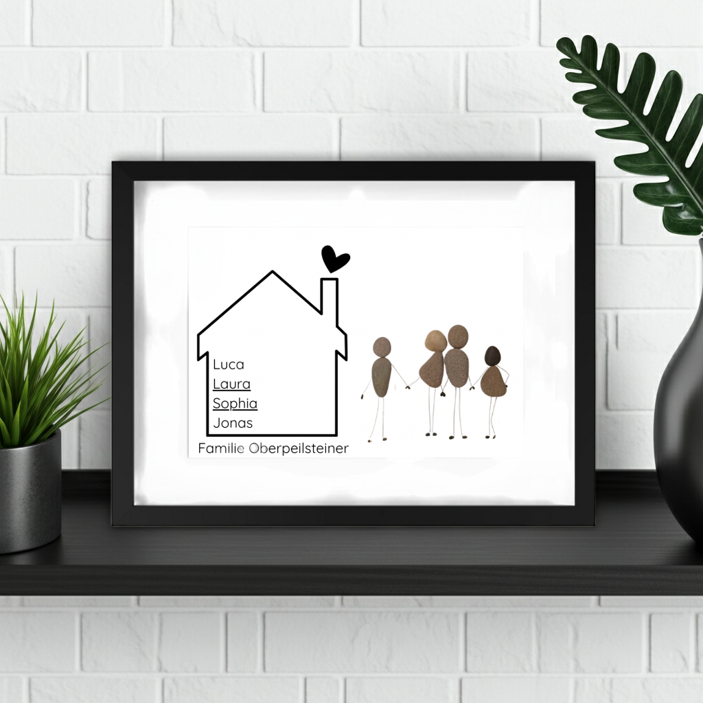 Handgefertigtes Familien-Steinbild aus Natursteinen mit Haus und Herz, personalisiert mit Namen, minimalistische Wanddeko für Zuhause