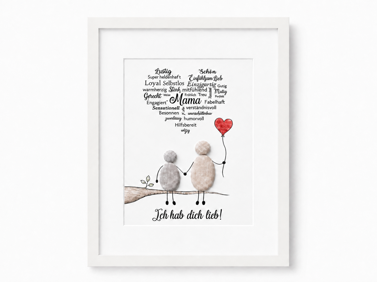 Kieselsteinbild Wortwolke Mama, Ich hab dich lieb, Geschenk für Mama, handgemachtes Steinbild