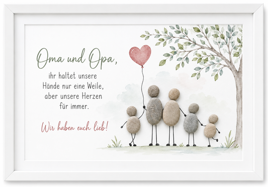 Kieselsteinbild Oma und Opa, ihr haltet unsere Hände nur eine Weile – Geschenk für Oma und Opa, handgemachtes Steinbild
