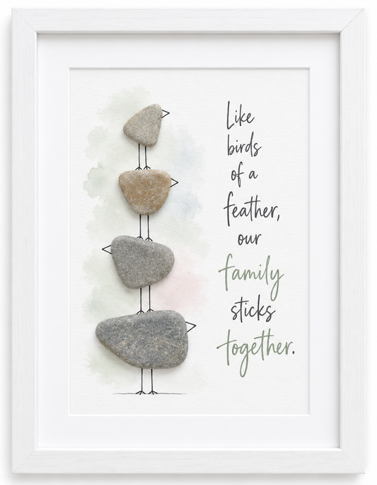 Kieselsteinbild Like birds of a feather, our family sticks together – Geschenk für die Familie, handgemachtes Steinbild
