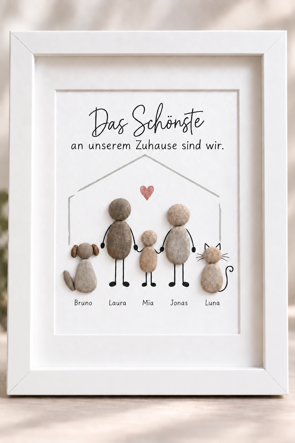Kieselsteinbild Das Schönste an unserem Zuhause sind wir – Geschenk für die Familie, handgemachtes Steinbild