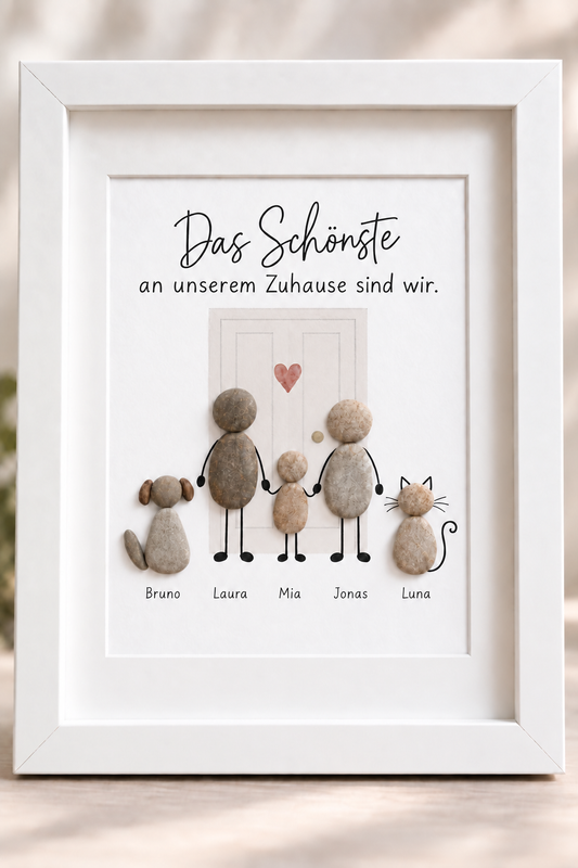 Kieselsteinbild Das Schönste an unserem Zuhause sind wir – Geschenk für die Familie, handgemachtes Steinbild