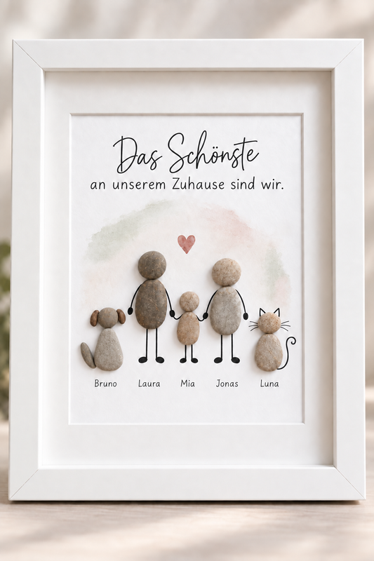 Kieselsteinbild Das Schönste an unserem Zuhause sind wir – Geschenk für die Familie, handgemachtes Steinbild