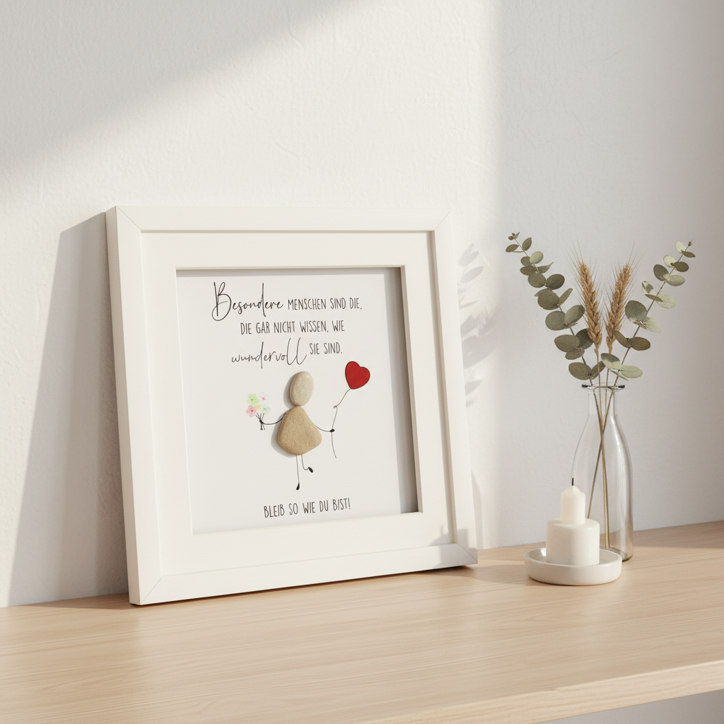 Steinbild besondere Menschen gerahmt im Wohnzimmer – handgemachtes Geschenk mit Spruch