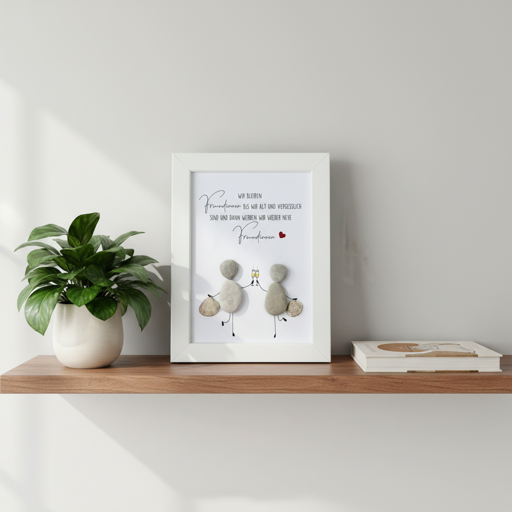 Handgemachtes Steinbild Freundschaft mit dem Titel "Wir bleiben Freundinnen bis wir alt und vergesslich sind" im Wohnraum dekoriert