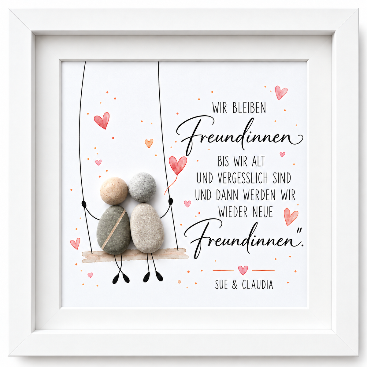 Handgemachtes Steinbild mit Schaukelmotiv und dem Spruch „Wir bleiben Freundinnen bis wir alt und vergesslich sind“ – humorvolles Freundschaftsgeschenk.