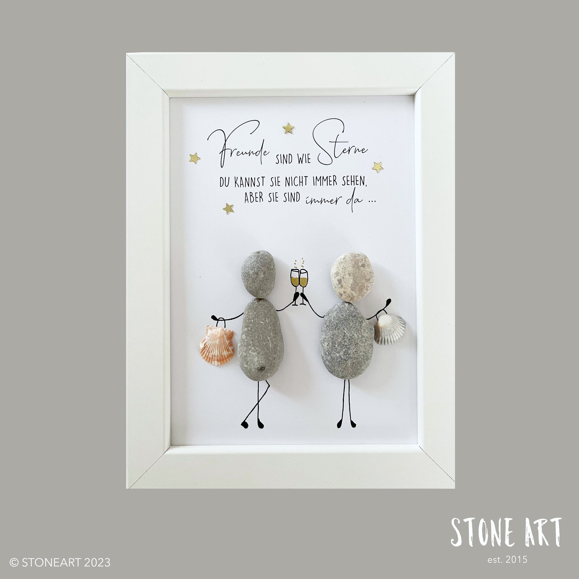 Steinbild „Freunde sind wie Sterne" – Kieselsteine handgemacht, Freundschaftsgeschenk