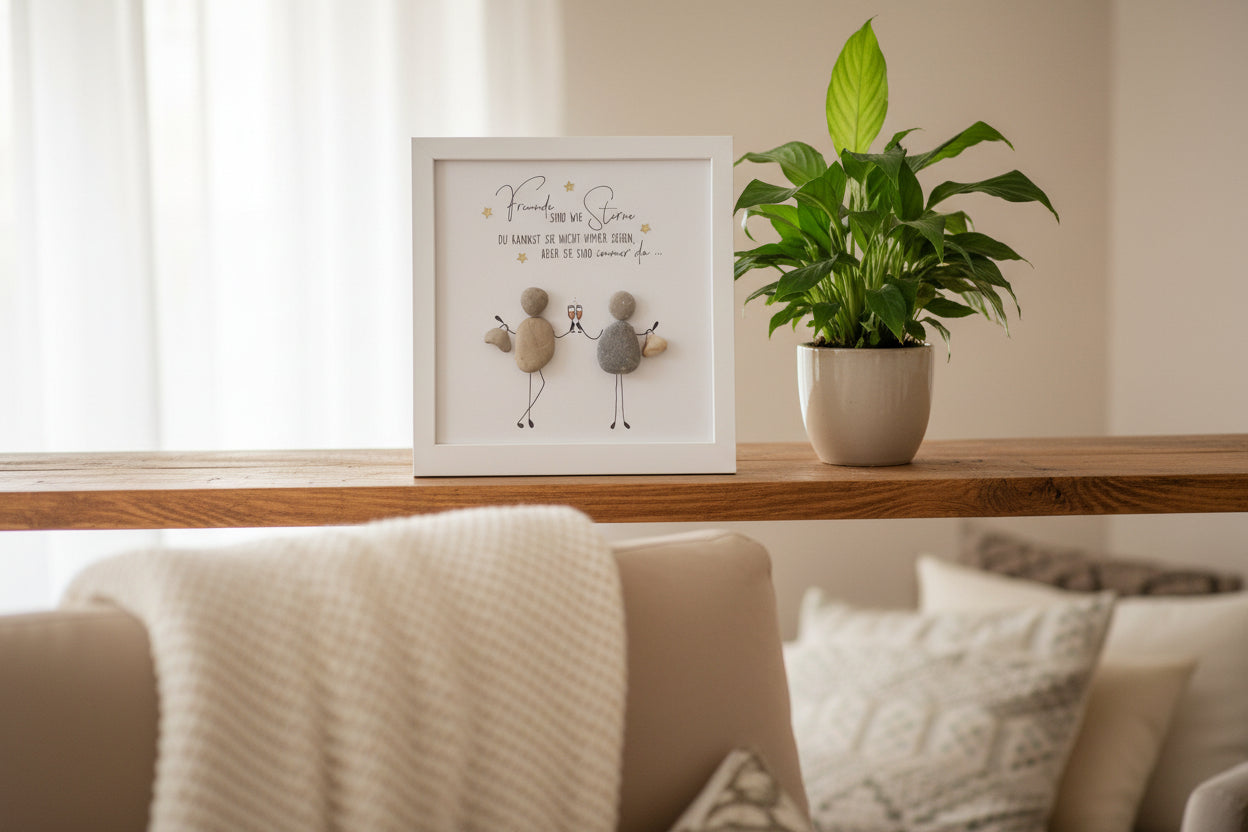 Steinbild Freunde sind wie Sterne gerahmt im Wohnzimmer – handgemachtes Freundschaftsgeschenk