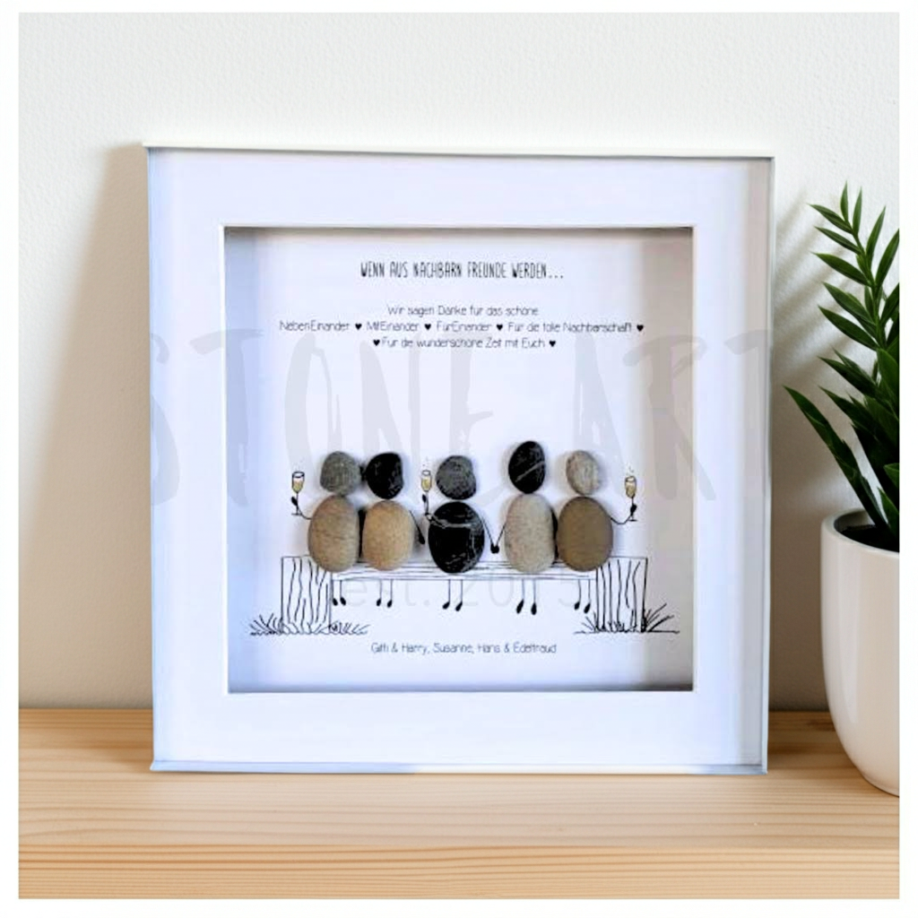 Steinbild Nachbarn gerahmt im Wohnzimmer – handgemachtes Geschenk für Nachbarn