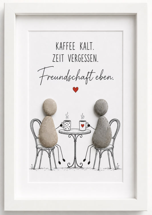 Kieselsteinbild Kaffee kalt Zeit vergessen Freundschaft eben, Freundschaftsgeschenk, handgemachtes Steinbild