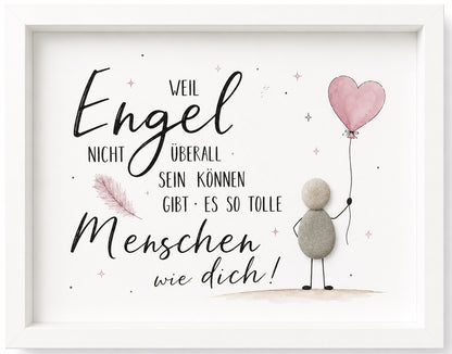 Kieselsteinbild Weil Engel nicht überall sein können, gibt es so tolle Menschen wie dich – Freundschaftsgeschenk rosa Ballon, handgemachtes Steinbild