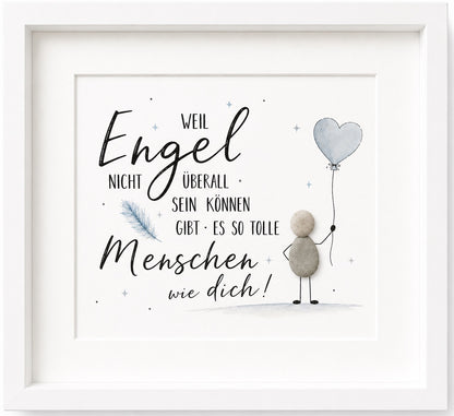 Kieselsteinbild Weil Engel nicht überall sein können, gibt es so tolle Menschen wie dich – Freundschaftsgeschenk blauer Ballon, handgemachtes Steinbild