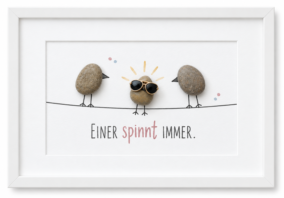 Kieselsteinbild Einer spinnt immer – Geschenk mit Humor für Freunde, handgemachtes Steinbild