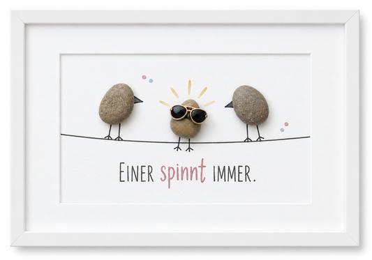 Kieselsteinbild Einer spinnt immer – Geschenk mit Humor für Freunde, handgemachtes Steinbild