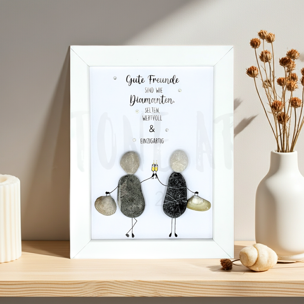 Steinbild Freundschaft gerahmt im Wohnzimmer – handgemachtes Geschenk mit Spruch gute Freunde