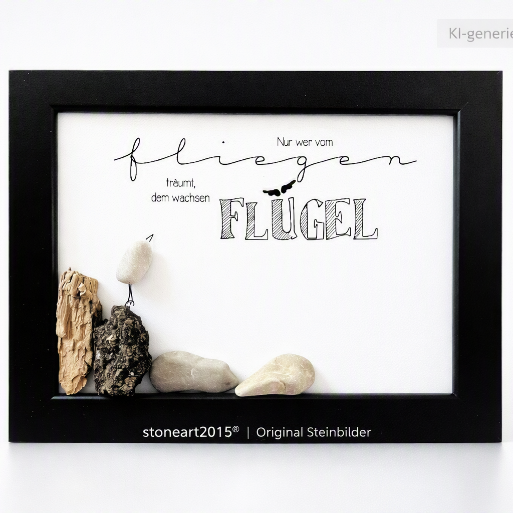Kieselsteinbild Nur wer vom Fliegen träumt, dem wachsen Flügel, Mutmacher-Geschenk, handgemachtes Steinbild