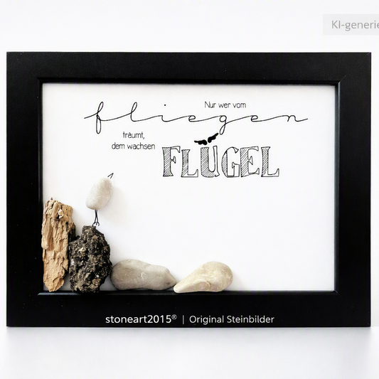 Kieselsteinbild Nur wer vom Fliegen träumt, dem wachsen Flügel, Mutmacher-Geschenk, handgemachtes Steinbild