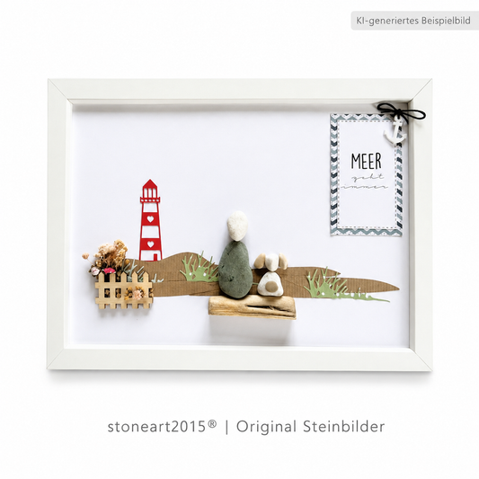 Kieselsteinbild Meer geht immer, Leuchtturm-Motiv, Freundschaftsgeschenk, handgemachtes Steinbild