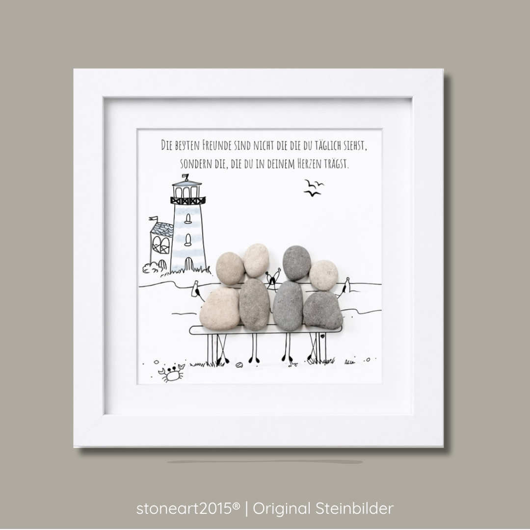 Handgemachtes Steinbild für Freunde mit Leuchtturm  personalisierbar, besonderes Geburtstagsgeschenk