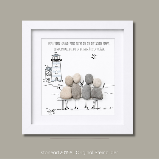 Handgemachtes Steinbild für Freunde mit Leuchtturm  personalisierbar, besonderes Geburtstagsgeschenk