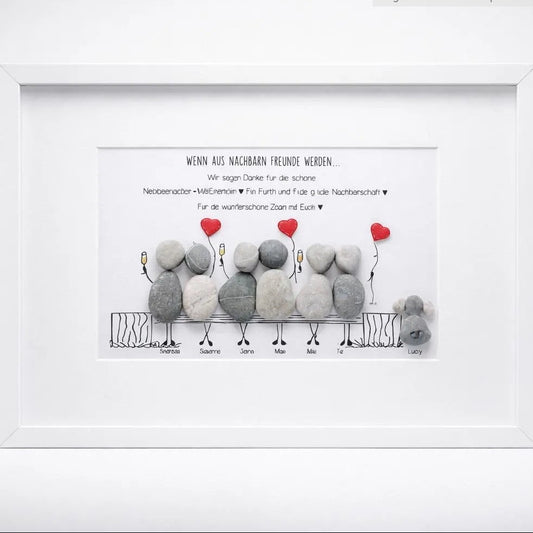 Handgefertigtes Steinbild mit dem Spruch „Wenn aus Nachbarn Freunde werden“ – Geschenk mit Herz für besondere Nachbarn.
